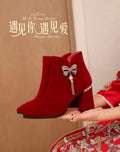 Wedding shoes bridal shoes winter fleece-lined thick heel 2023new arrivalwinter red high heels women's wedding boots not tired feet