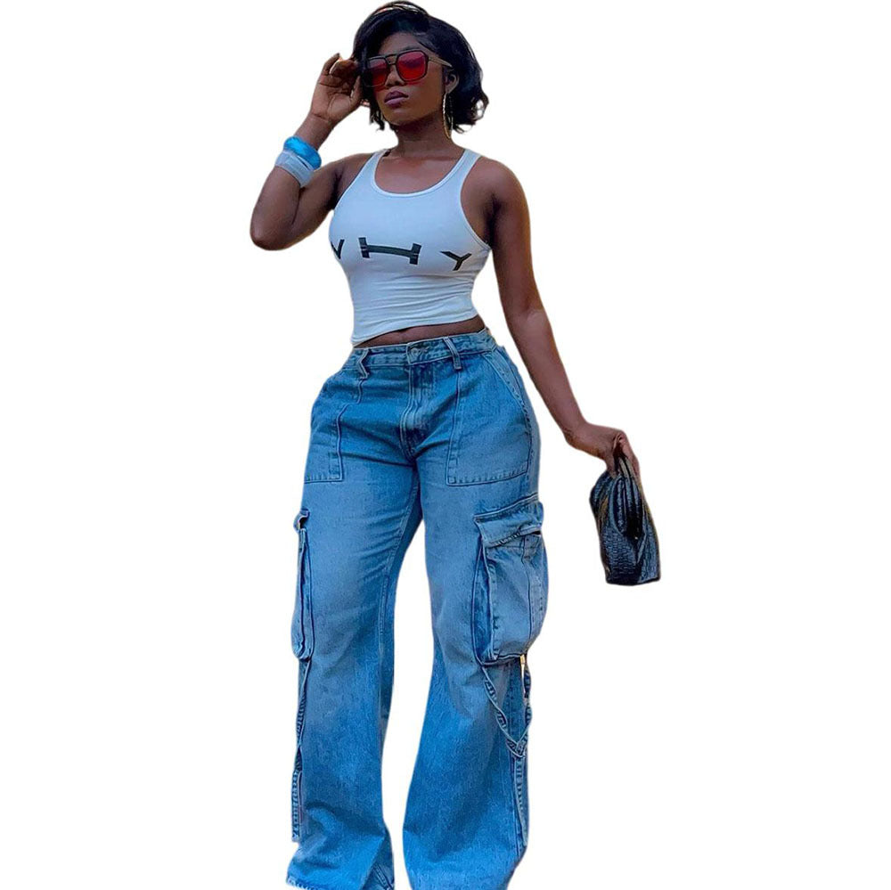 European and american style high-waisted jeans -  cross-border women's fashion, multi-pocket design, straight-leg cargo pants