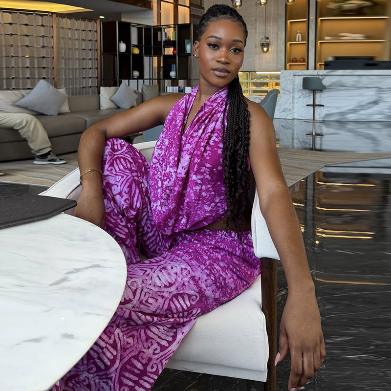 European and american style foreign trade color block women's loose pleated printed pants set, swing neck summer outdoor long two-piece outfit