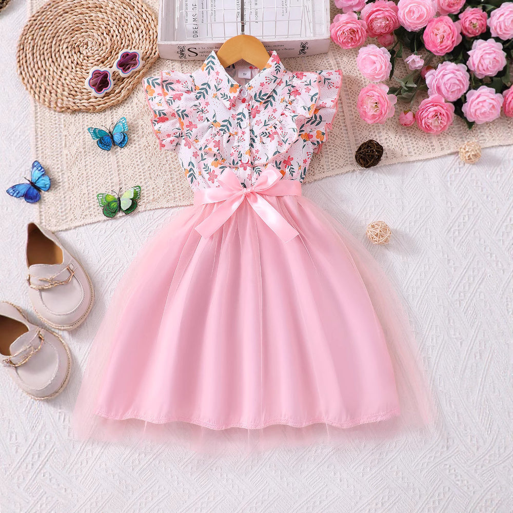 Girls' (toddler) dress, ruffle collar floral mesh dress with woven belt