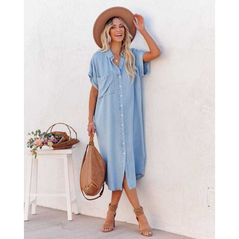 Aliexpress new arrival: european and american fashion solid color denim short-sleeve long slit shirt dress
