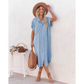 Aliexpress new arrival: european and american fashion solid color denim short-sleeve long slit shirt dress