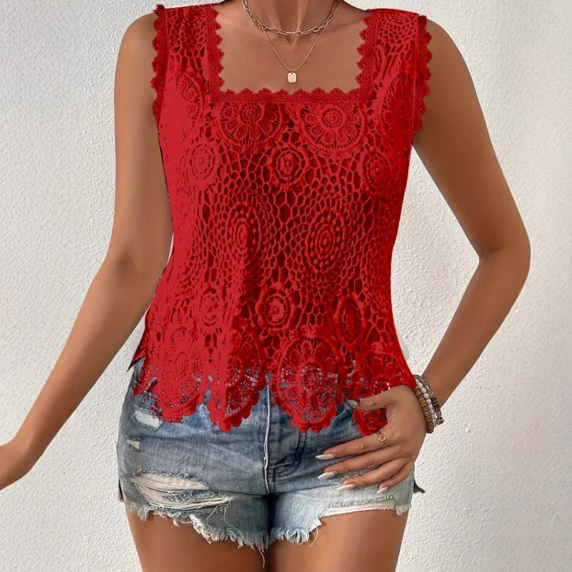Women's elegant square neck lace cutout sleeveless top - breathable summer blouse solid color fashion vest european and american style