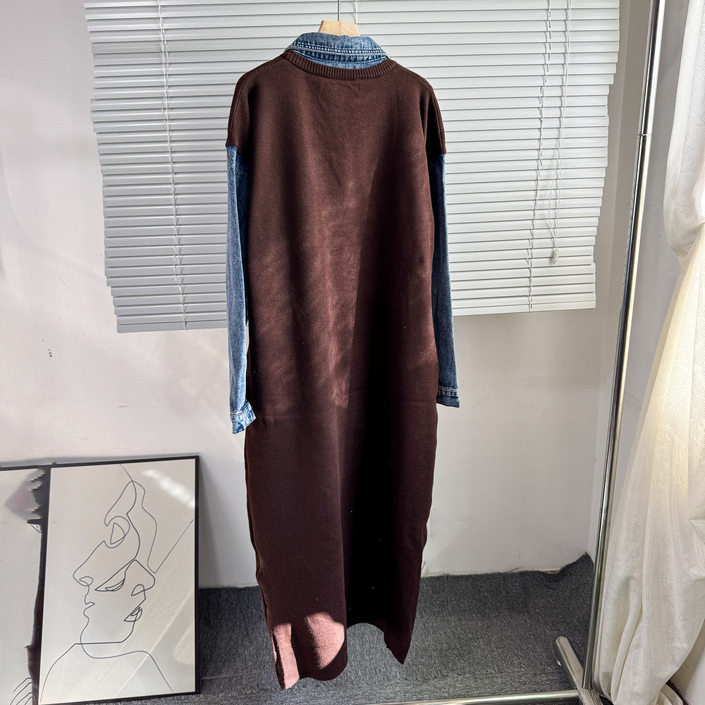 2025 fall/winter new arrival: denim patchwork knit faux two-piece collared dress with floral beaded embellishments - women's maxi dress