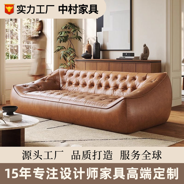 Medieval high-end oil wax leather French retro small apartment straight row full leather sofa living room leather bean bag sofa