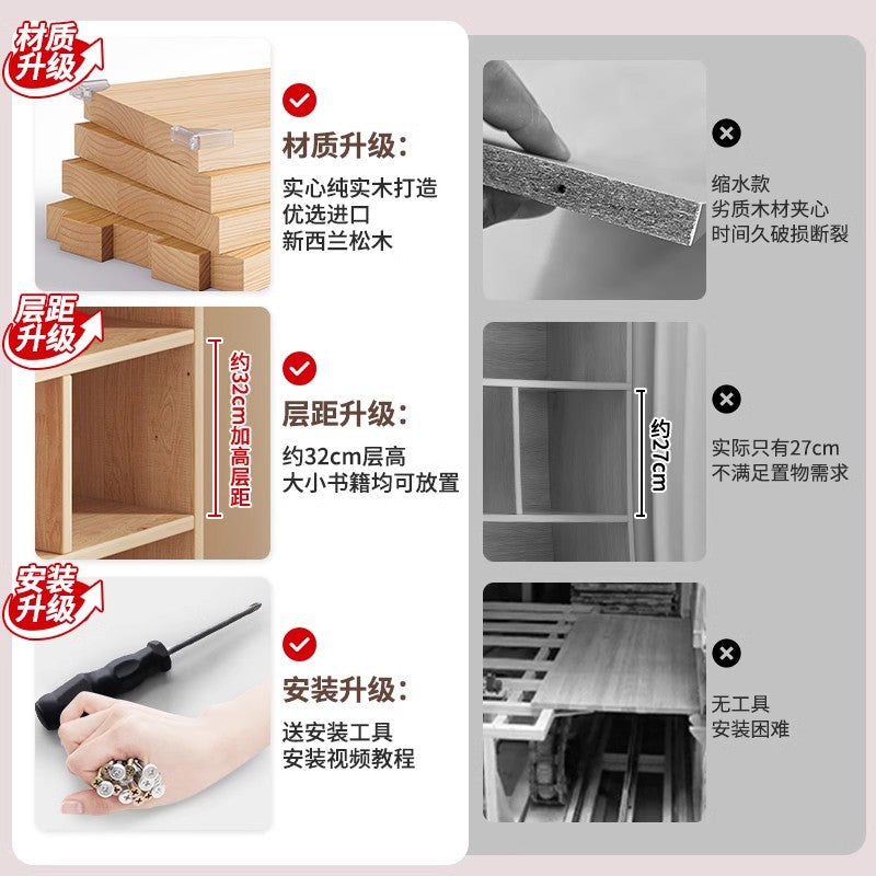 Pure solid wood bookshelf Floor-to-ceiling locker Children's pine storage cabinet Storage against the wall Student household bookcase with door