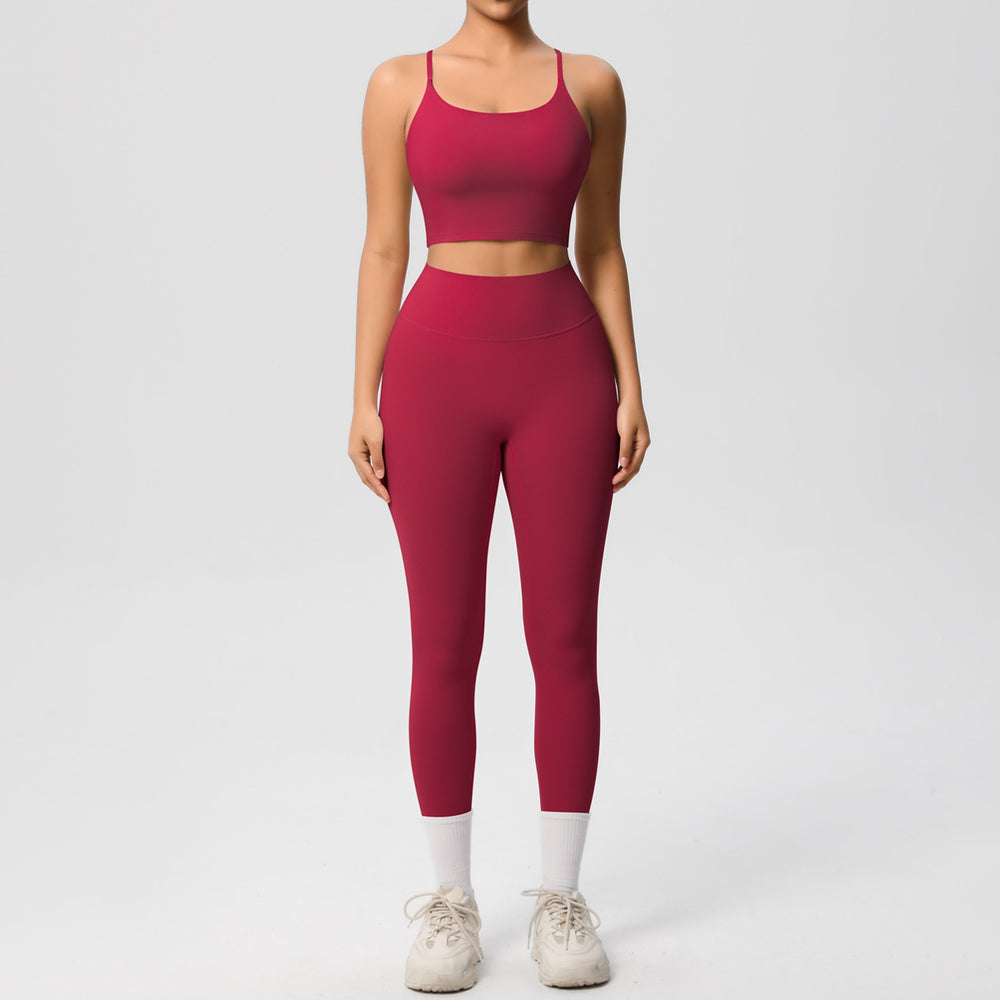 New arrival: double-sided brushed solid color seamless back compression yoga set - breathable workout outfit for running and fitness (two-piece)