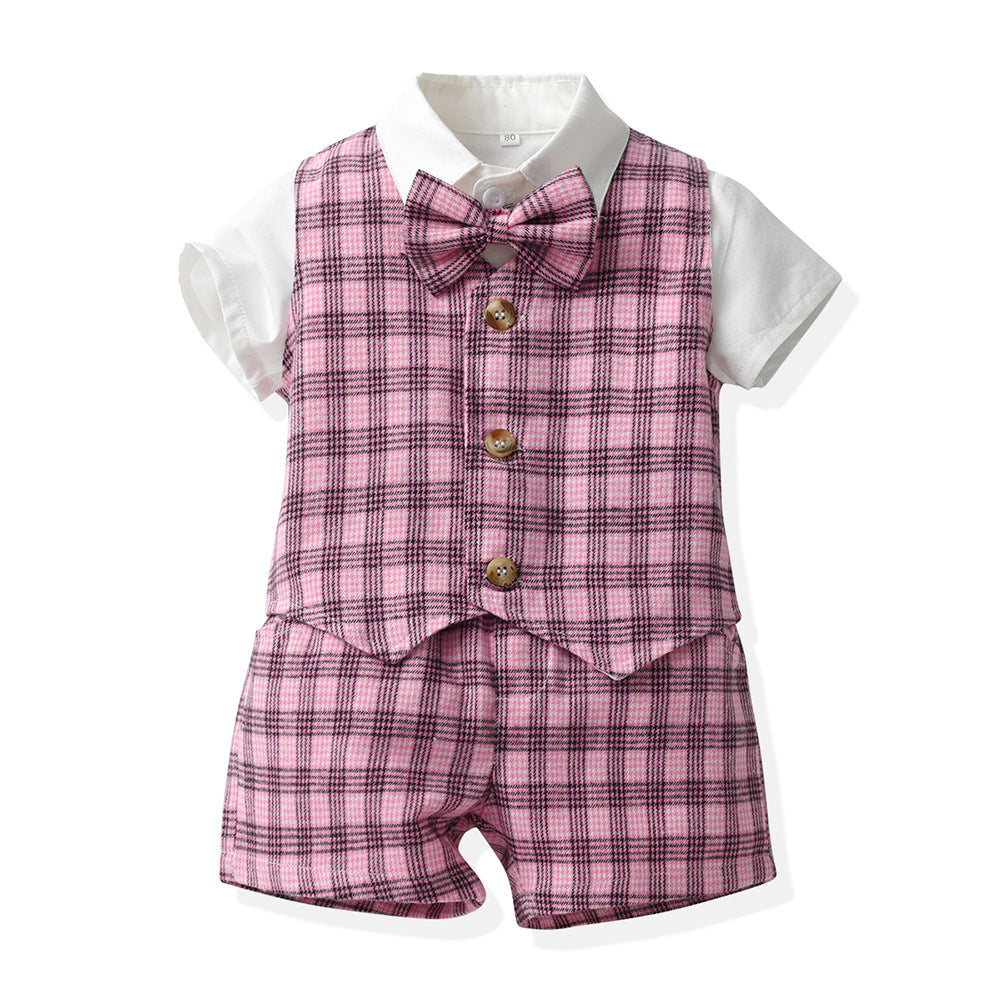New boys' spring plaid vest three-piece set: gentleman's outfit for older boys, perfect for baby's first birthday celebration