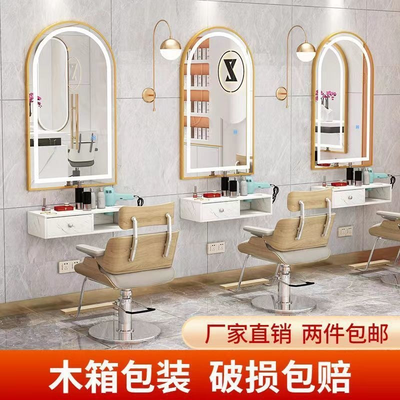 Influencer-approved barber shop mirror table, salon wall-mounted minimalist hairdressing mirror, touch-control led hairdressing mirror