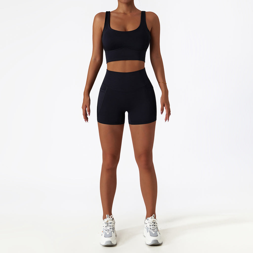 breathable quick-drying tight-fitting yoga clothes flap pocket pants running sports suit diagonal shoulder naked fitness suit6425