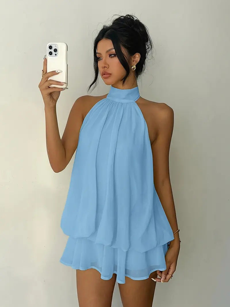 European and american cross-border  new collection: slim-fit, sexy, backless, halter neck, cinched waist top with flared mini skirt dress for women