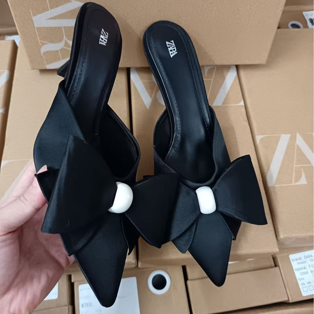 Za2024autum new women's shoes artificial pearls and black silks and satins bows pointed toe high heel toe slippers