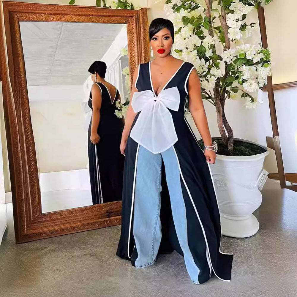 Sexy women's v-neck maxi dress with large bow and high slit - hot-selling women's apparel on  cross-border e-commerce