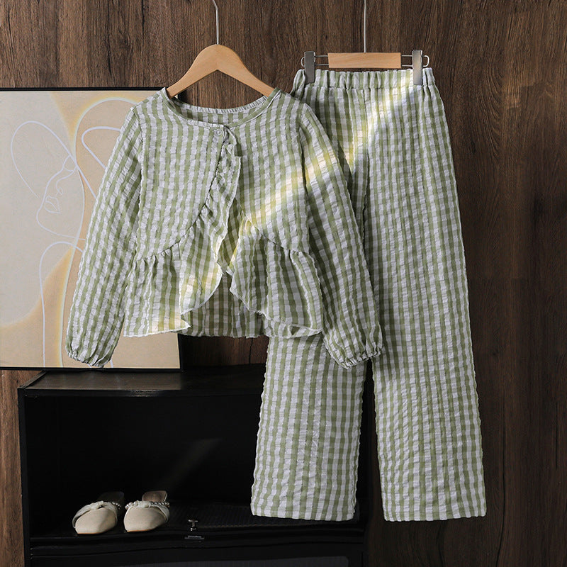 big kids' girls'  autumn new plaid loose-fit ruffle-trim long-sleeve top and wide-leg pants two-piece set