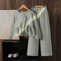 big kids' girls'  autumn new plaid loose-fit ruffle-trim long-sleeve top and wide-leg pants two-piece set