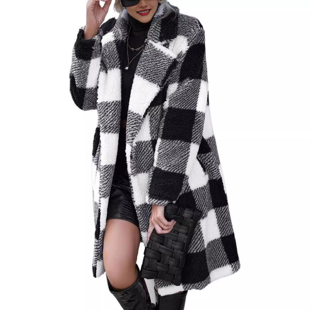 2025 new european and american autumn collection women's lapel long sleeve open front plaid longline loose casual coat