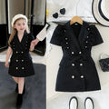 new girls' blazer collar ruffle trim dress - summer black double-breasted tie-waist dress