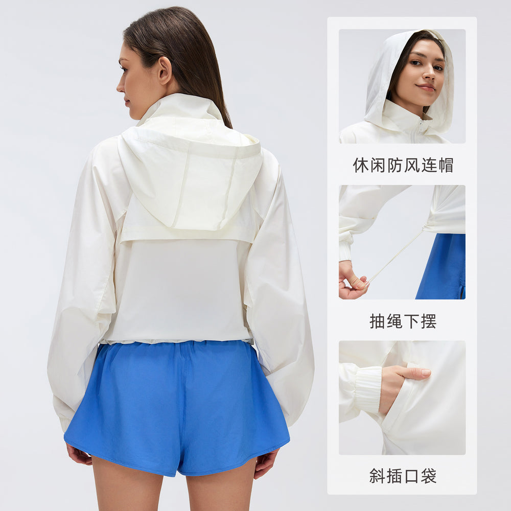 Women's outdoor hooded water-resistant jacket - short, versatile, loose fit, quick-drying, breathable, zip-up sports jacket d26036