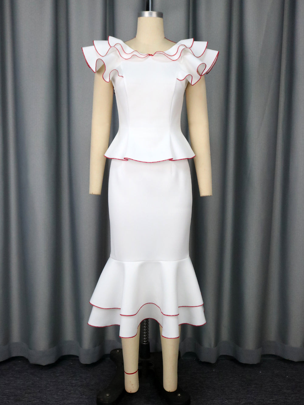 Elegant women's ruffle trim color block top and figure-flattering fishtail midi skirt two-piece set