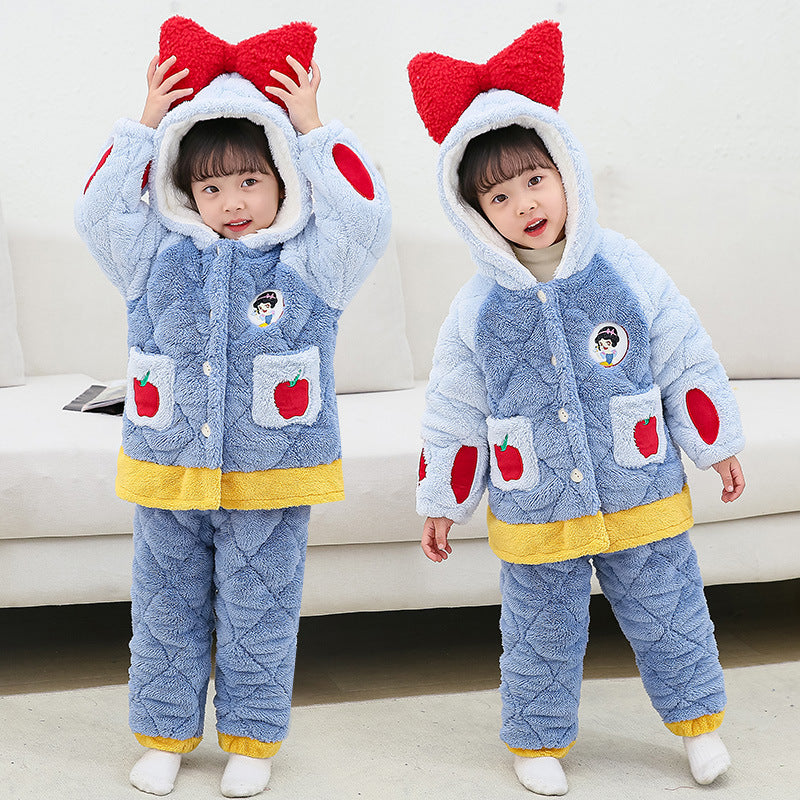 Girls' winter pajamas: three-layer fleece-lined, extra thick coral fleece, cute toddler and little girl's pajama set, loungewear