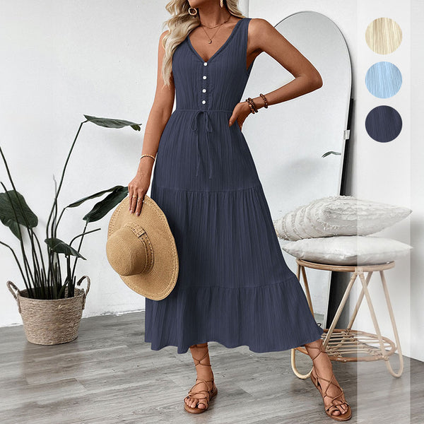 Independent Station 2025 New European Cross-border Simple Versatile Strap Sleeveless V-Neck Solid Color Women's Summer Dress