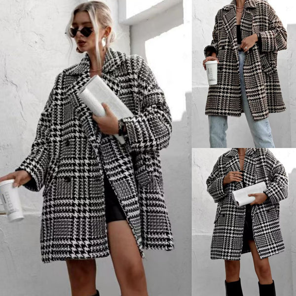 2024 autumn and winter new thickened with lining coat woolen thousand bird grid woolen coat