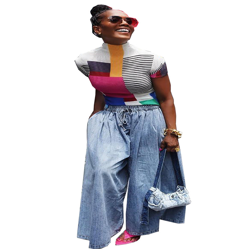 European and american cross-border women's fashion:  summer street style elastic waist drawstring high-waisted cropped wide-leg jeans