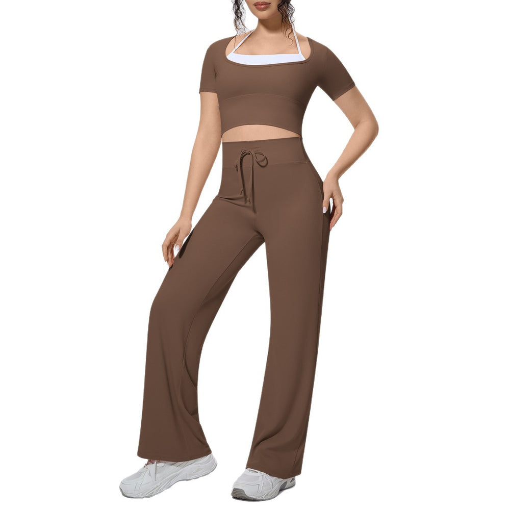 pure color double-piece nude high-elastic fake two-piece yoga suit sports running fitness short-sleeved two-piece set for women