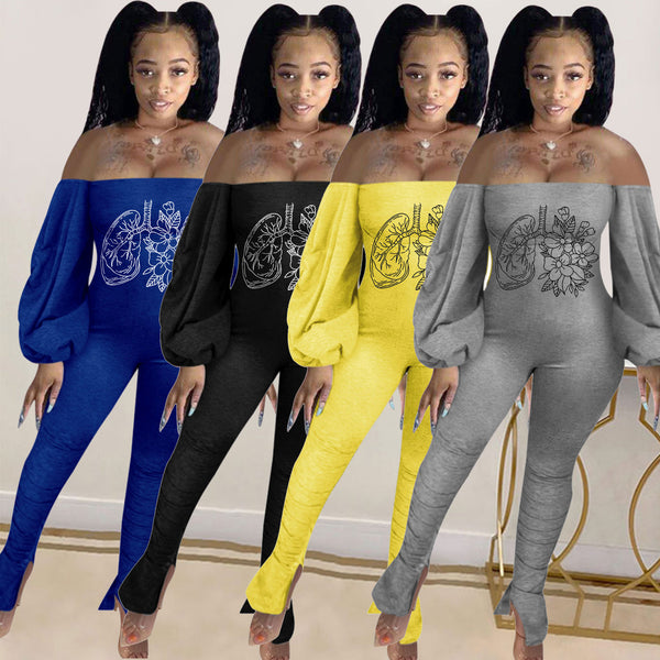 YH005 Hot Sale Printed Shoulder Lantern Sleeve Slim Jumpsuit