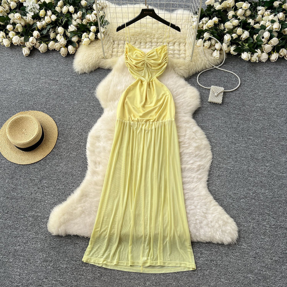 French chic design: twist knot ruched waist cami dress - women's slimming, backless maxi dress with mesh overlay