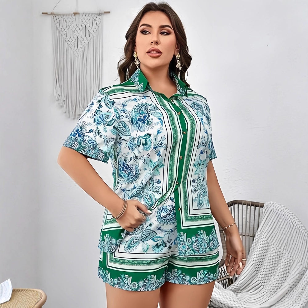 European and american cross-border women's fashion:  early autumn hot style retro print short-sleeve shirt and high-waisted shorts casual two-piece set