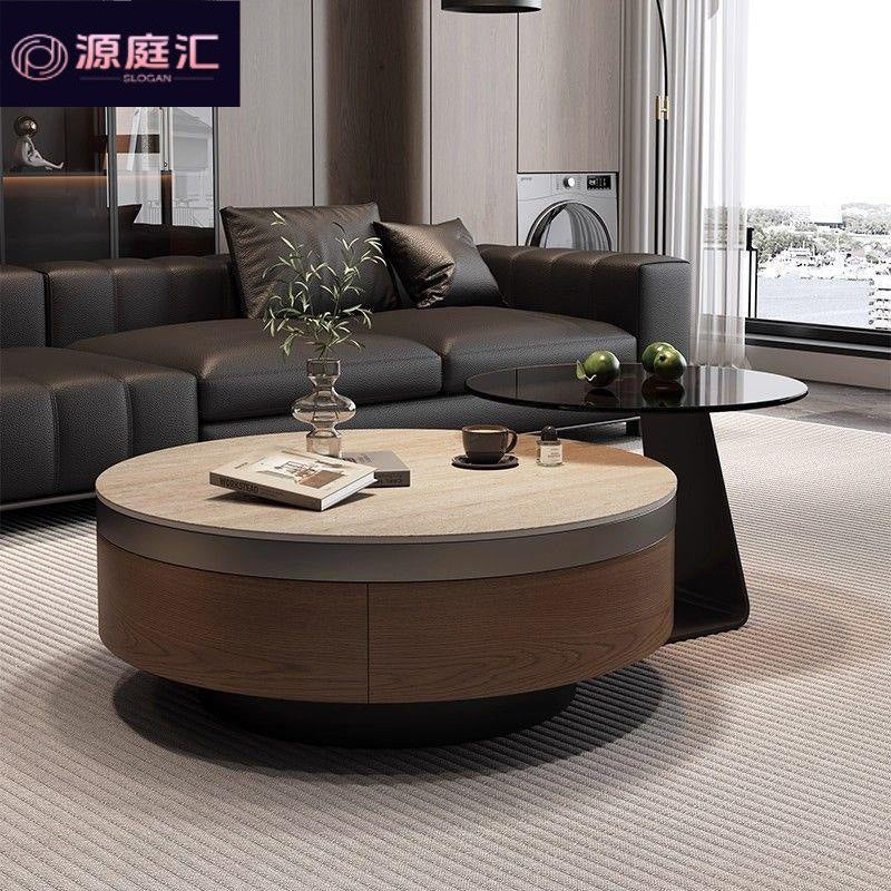 Travertine rock slab coffee table set for home living room, premium light luxury retro style, walnut color cabinet, round coffee table combination