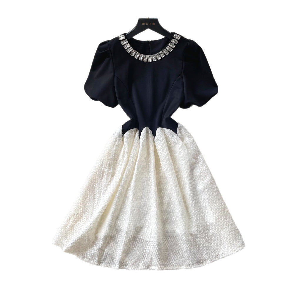 Ladies style black waist a-line dress women's summer playful short-sleeved diamond collar contrast colorslimming look age-reducing skirt