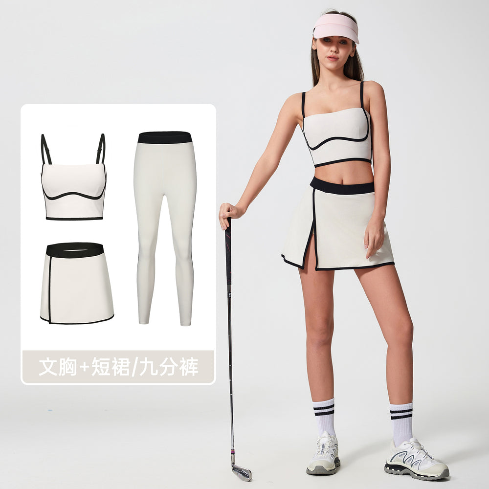 Contrast color sports tennis skirt yoga suit women's high intensity bubble wrap vest women's nude butt lift fitness nine-point pants