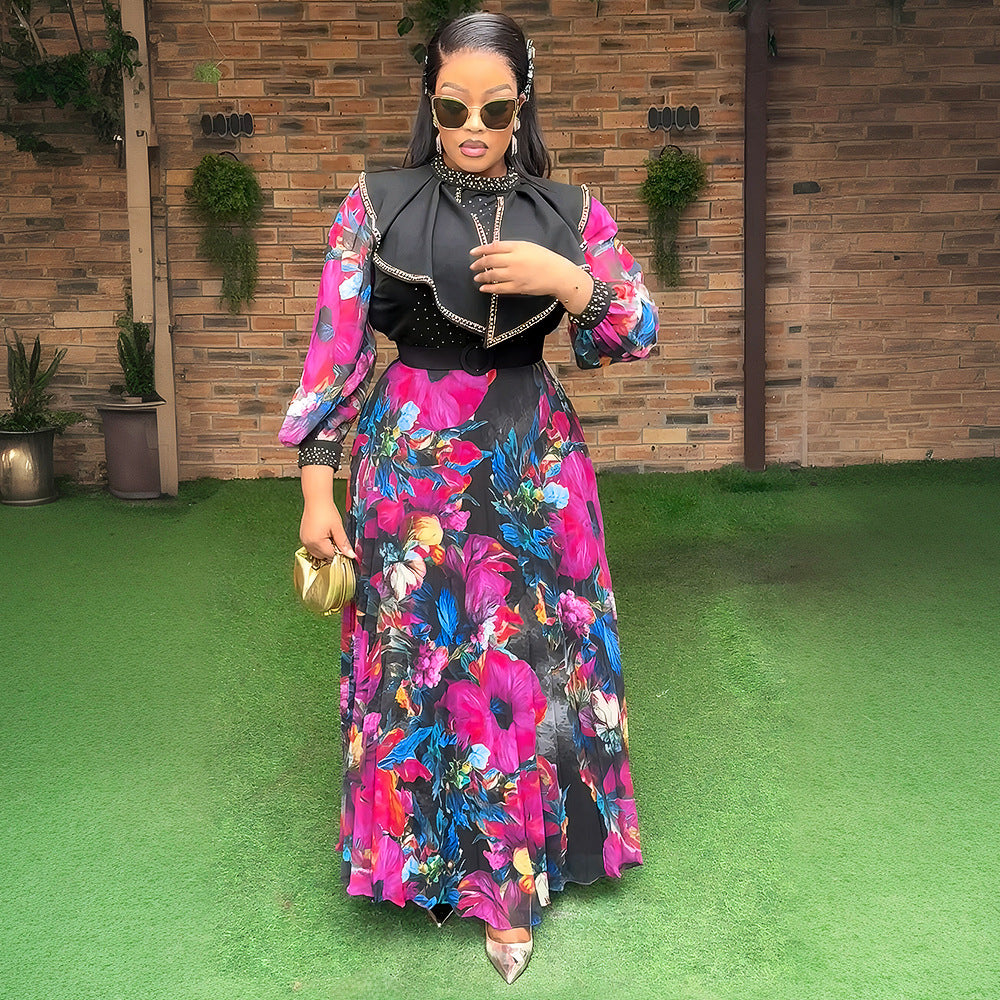 new european and american  cross-border trade african women's elegant printed long-sleeved plus size dress