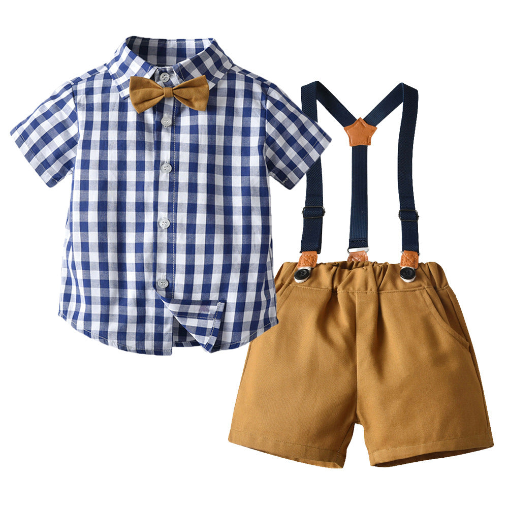 Export children's clothing summernew arrival boys plaid short-sleeved shorts suitkids bow tie gentleman's wear kids shirt