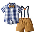 Export children's clothing summernew arrival boys plaid short-sleeved shorts suitkids bow tie gentleman's wear kids shirt