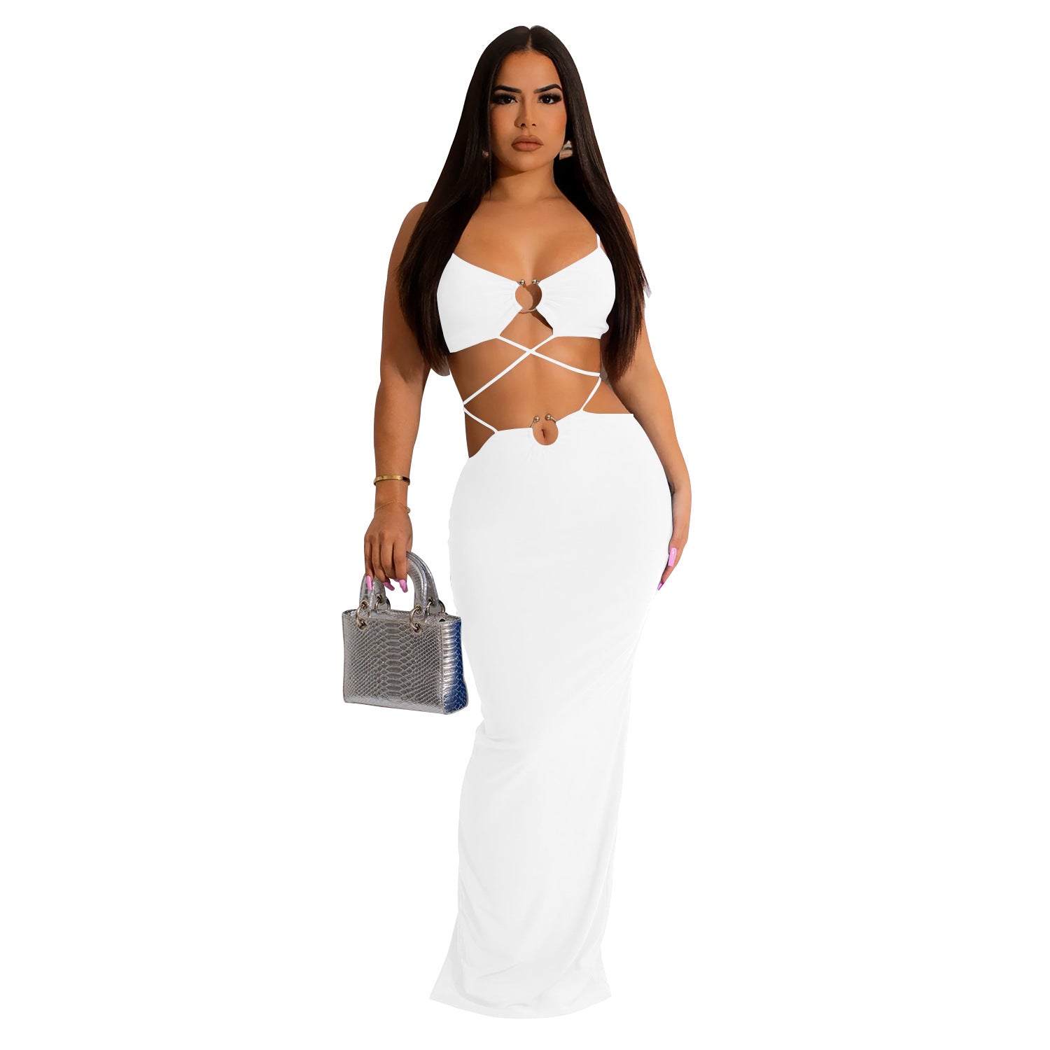 C6309 Cross-border   European and American fashion women's clothing solid color strap iron ring sleeveless long dress dress