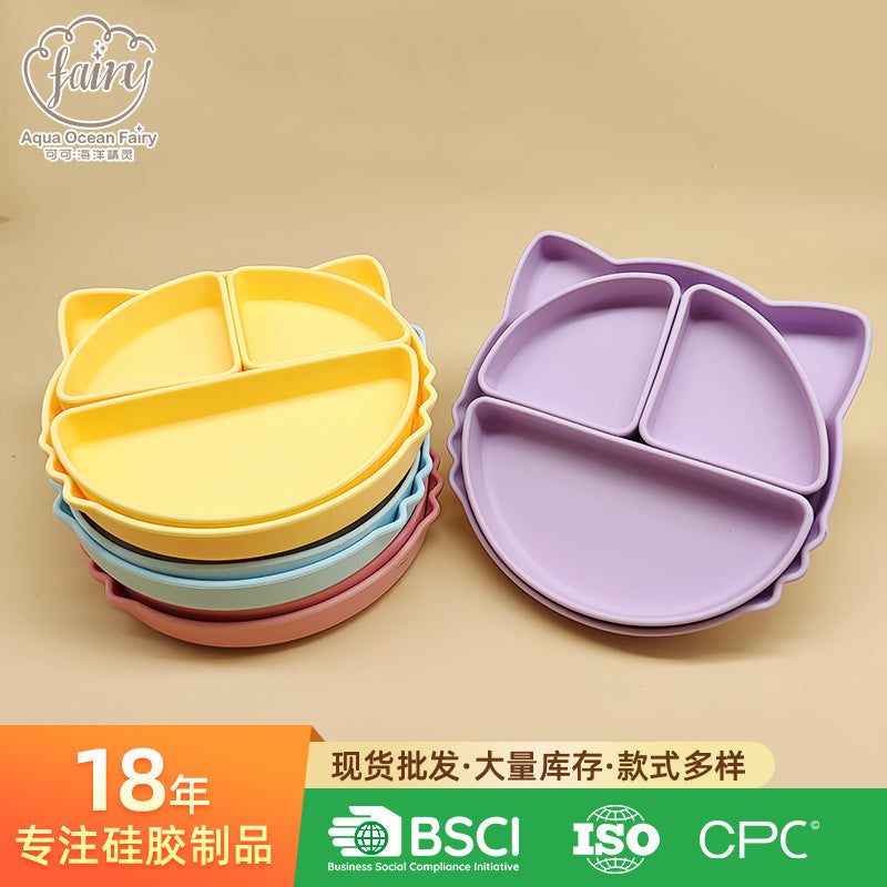 Food grade silicone children's dinner plate, infant complementary food grid dinner plate, cartoon cat easy to clean children's tableware