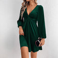european and american women's clothing  fall/winter new sexy v-neck cinched waist a-line long sleeve party velvet dress