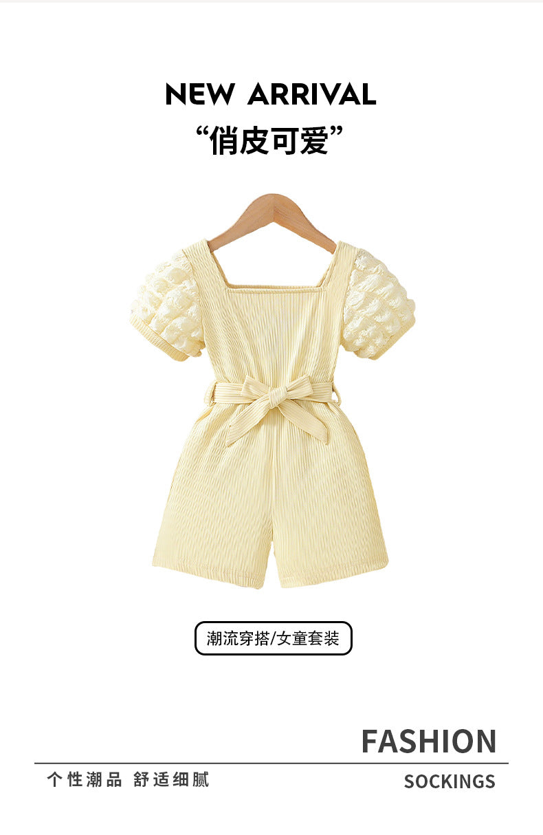 Summer girls' outfit for export: yellow bubble sleeve romper with shorts and belted ribbed knit pants set