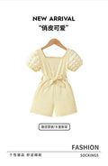 Summer girls' outfit for export: yellow bubble sleeve romper with shorts and belted ribbed knit pants set