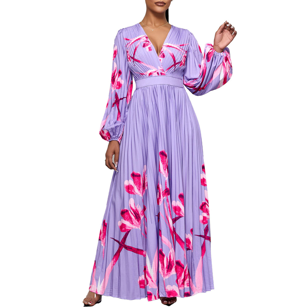 C8582 cross-border new arrival  women's v-neck long sleeve slim-fit printed pleated maxi dress - elegant export dress