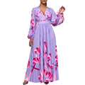 C8582 cross-border new arrival  women's v-neck long sleeve slim-fit printed pleated maxi dress - elegant export dress