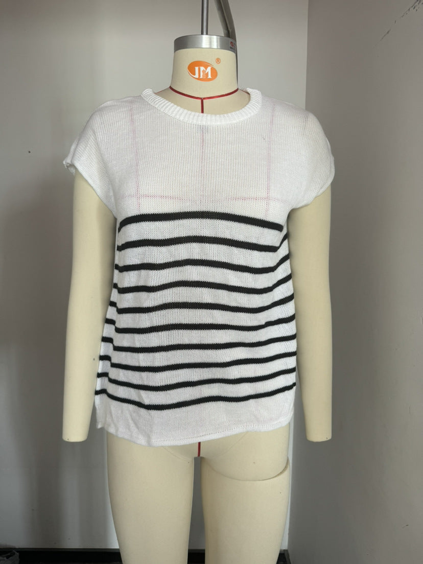 2024 summer new  European and American women's clothing  women's crew neck top thick needle casual striped sweater