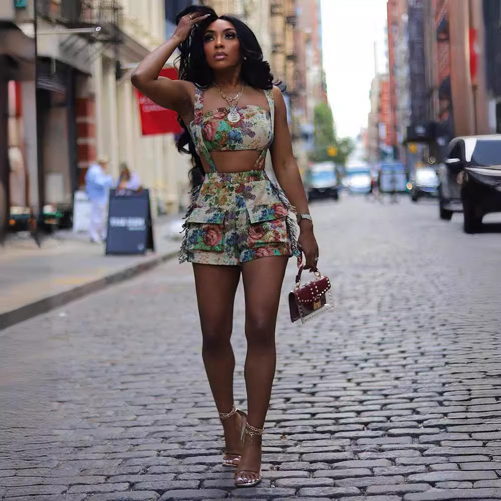 foreign trade european and american clothing new arrival street retro flower french palace tube top tassel suspender shorts suit