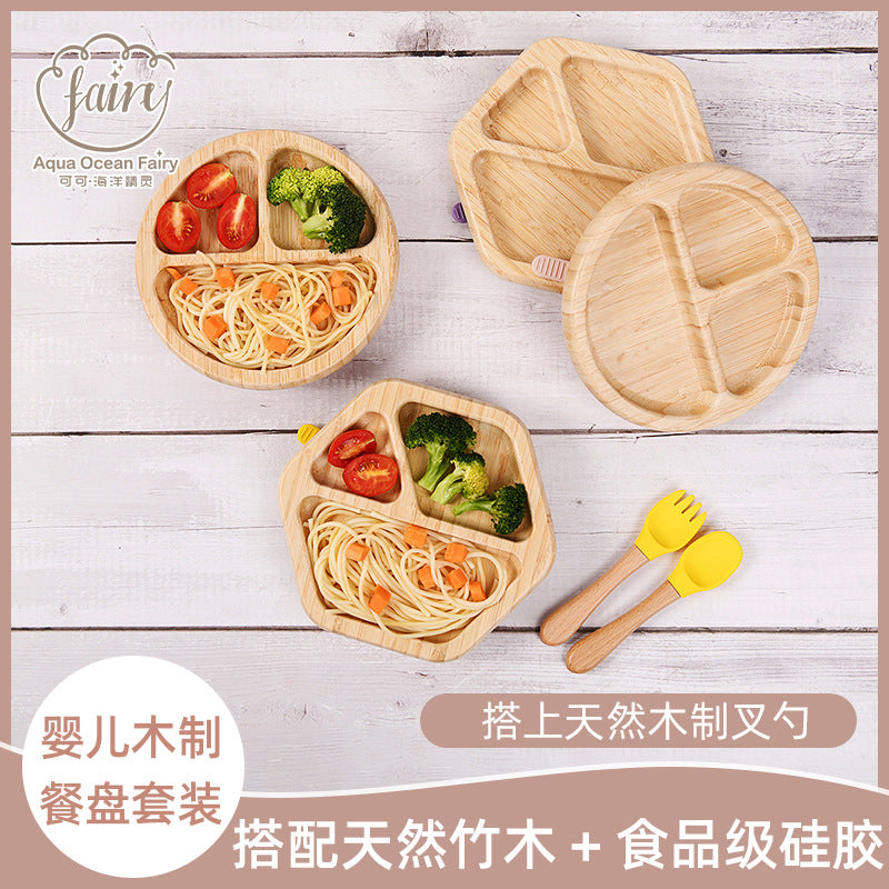 Customized logo wooden bamboo children's plate, non-slip silicone plate, round square bamboo fiber children's plate