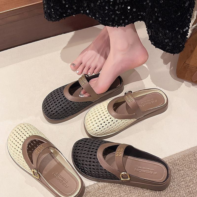 2025 summer new arrival: woven, hollow-out, breathable, minimalist, versatile, casual, comfortable, low-cut, wearable-out, flat, half-slipper women's shoes