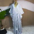 European and american cross-border women's clothing:  autumn new arrivals - sweet, fresh, loose-fit plus size striped v-neck batwing sleeve dress