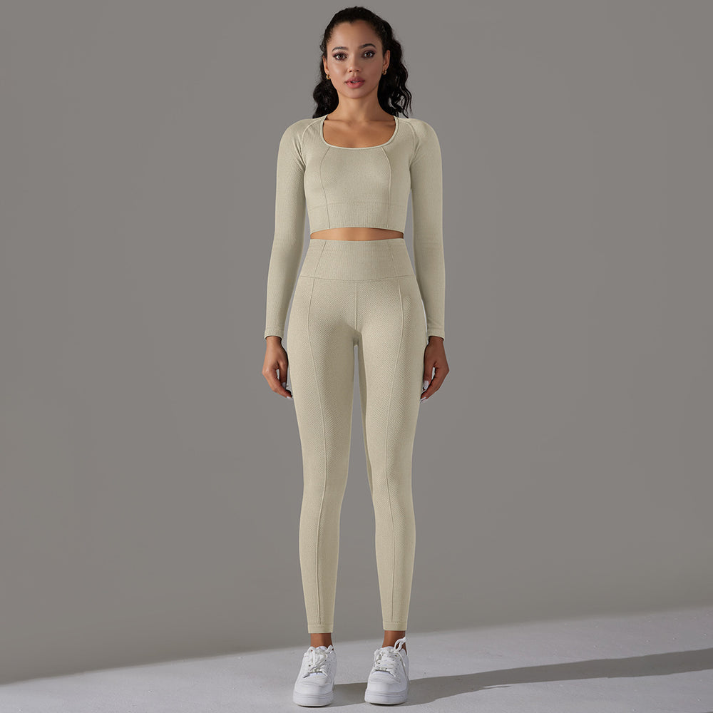 fashion seamless knittingpure color polka dot high elastic tight breathable yoga suit running fitness two-piece set